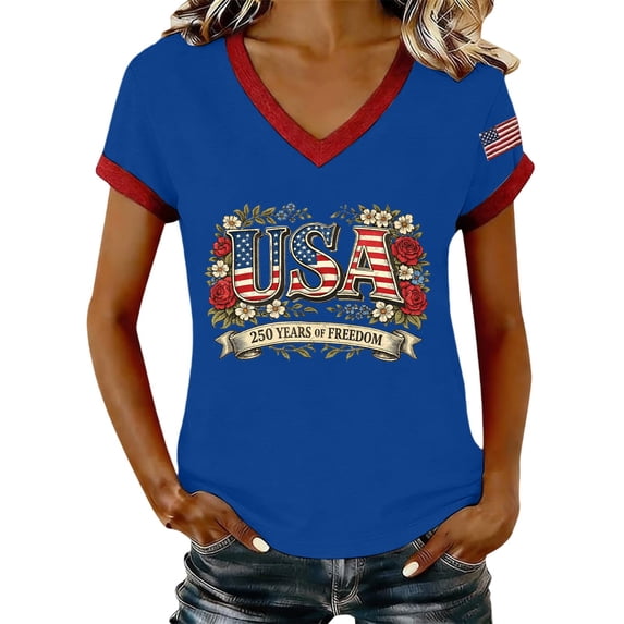 MEICHEN Women's 250Th Anniversary Print V Neck T Shirt 250Th Anniversary Tshirt Patriotic Tee