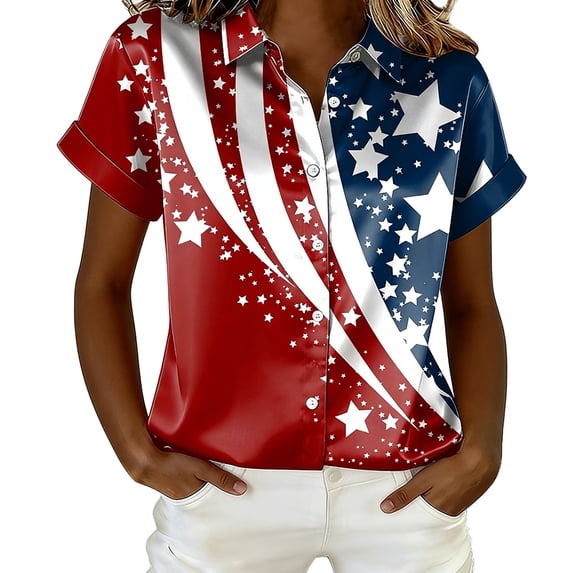 MEICHEN Women's 250th Anniversary American Flag Satin Shirt Short Sleeve Button Down Patriotic Blouse 4th Of July Casual Summer Tops