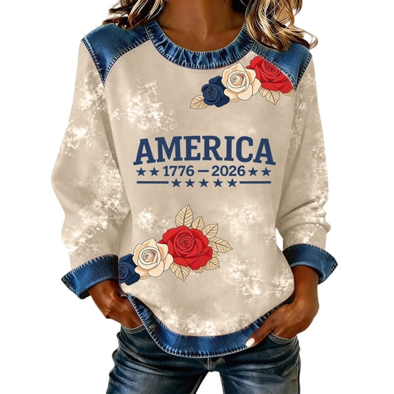 MEICHEN Women's 250th Anniversary Embroidered Denim Patchwork Round Neck Sweatshirt 250th Anniversary Sweatshirt Patriotic Sweatshirt