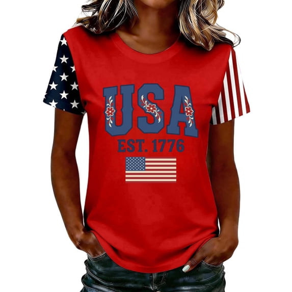 MEICHEN Women's 4th of July Short Sleeve Top Usa Flag Printed Patriotic Graphic Tee Blouse Summer 250th Anniversary Usa Round Neck T Shirt