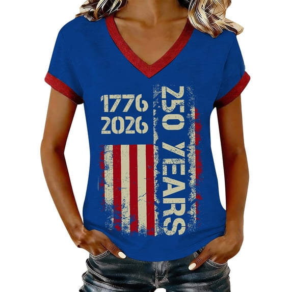 MEICHEN Women's America 250th Anniversary Short Sleeve V Neck T Shirt Summer 1776-2026 Blouse Top Patriotic Graphic Tee