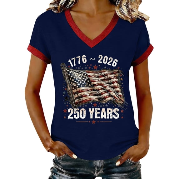MEICHEN Women's American 250th Anniversary Shirts Summer Short Sleeve Graphic Tees V Neck Patriotic Blouses Tops