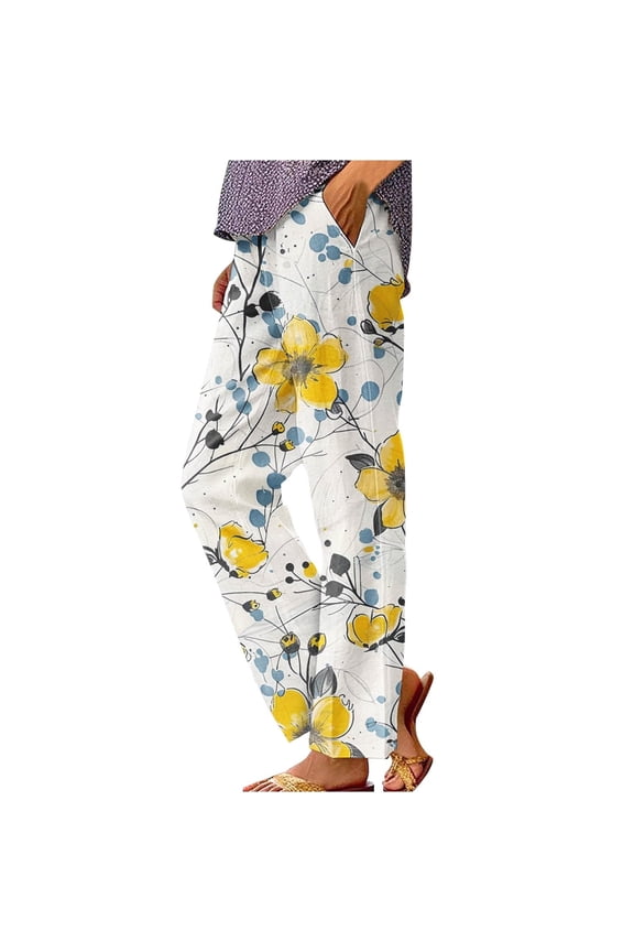 Women's Botanical Floral Design Loose Pocket Patchwork Summer Casual Pants for Women
