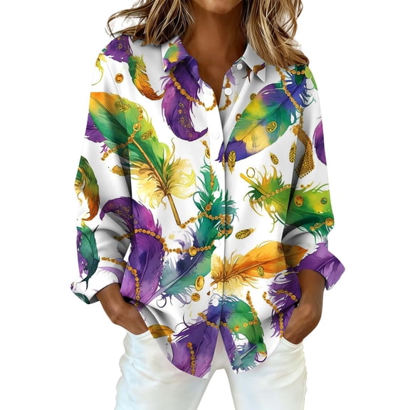 MEICHEN Mardi Gras Women's Button Down Shirts Fashion Masquerade Colorful Animal Feather Printed Long Sleeve Shirt Leisure Blouse Womens Tops