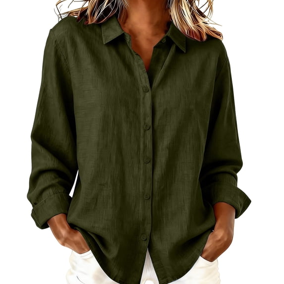 MEICHEN Women's Button Down Shirts Long Sleeve Button Down Shirts Vintage Solid Color Cotton and Linen Blouses Tops Womens Tops