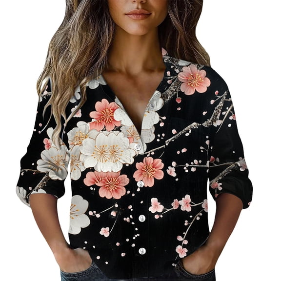 MEICHEN Women's Button Down Shirts Solid Color Plum Blossom Print 3/4 Sleeve Shirt V Neck Button Up Pocket Top Casual Loose Ethnic Blouse Womens Tops