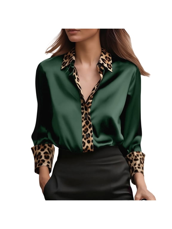 Women's Button Up Shirts Classic Leopard Print Satin Blouses Women Button Up Shirts Long Sleeve Work Tops Blouses for Women