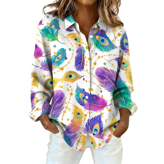 MEICHEN Mardi Gras Women's Button Up Shirts Fashion Masquerade Colorful Peacock Feather Printed Long Sleeve Shirt Leisure Blouse Blouses for Women