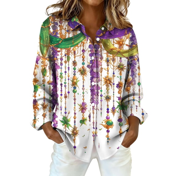 MEICHEN Mardi Gras Women's Button Up Shirts Fashion Masquerade Flash Chain Printed Long Sleeve Shirt Casual Rolled Sleeve Blouse Womens Blouses