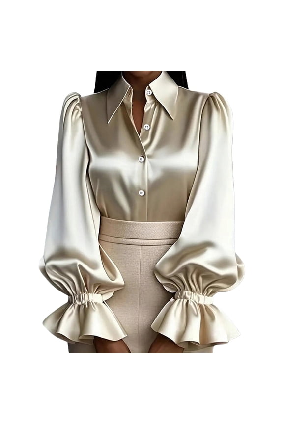 Women's Button Up Shirts Fashion Puff Long Sleeve Tops Elegant Satin Blouses for Women Solid Color Button Down Shirts Tops for Women Trendy