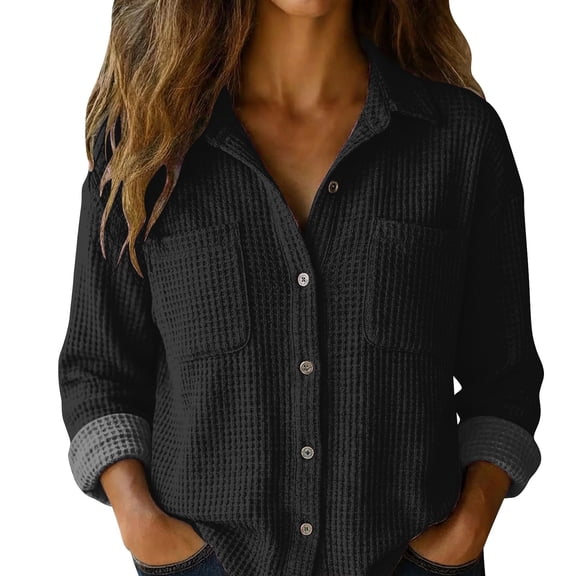 MEICHEN Women's Button Up Shirts Fashion Solid Color Long Sleeved Pocket Button Up Shirt Soft Breathable Casual Blouse Womens Blouses
