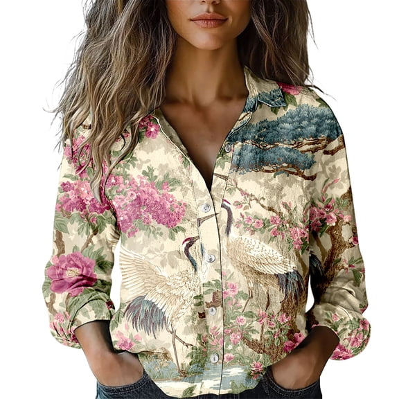 MEICHEN Women's Button Up Shirts Retro Style Floral Waffle Long Sleeve Shirt Fresh Daisy Print Turn Down Collar Blouse Blouses for Women