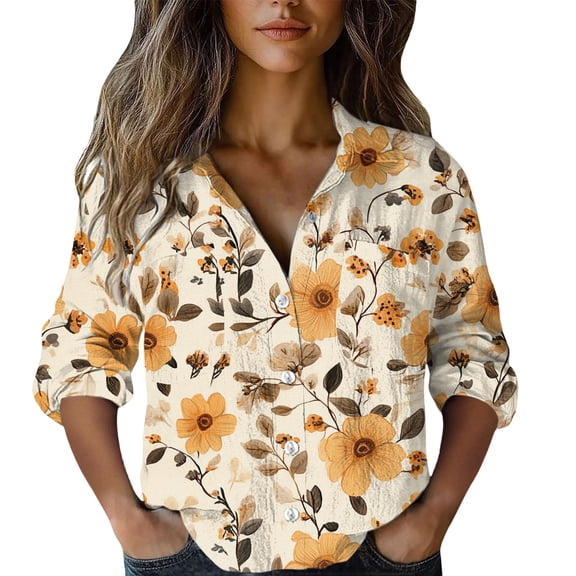 MEICHEN Women's Button Up Shirts Solid Color Daisy Print 3/4 Sleeve Shirt V Neck Button Up Pocket Top Casual Loose Ethnic Blouse Blouses for Women