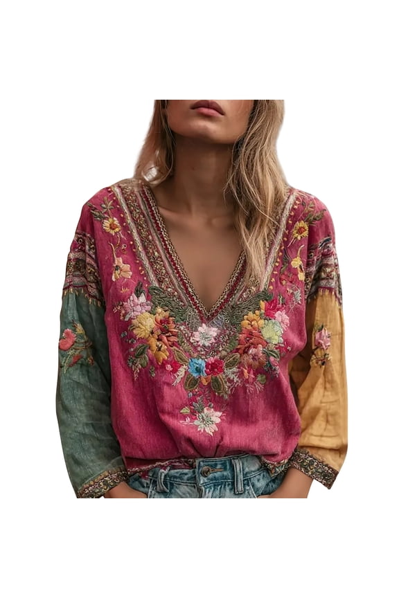 Women's Casual Retro V Neck Top Flower Embroidered Long Sleeve Top Summer T Shirts for Women