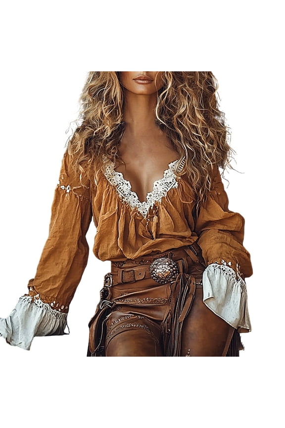 Women's Casual Retro V Neck Top Long Sleeved Spliced Top Lace Trim Blouse Western Style Ruffled Long Sleeve Tshirt