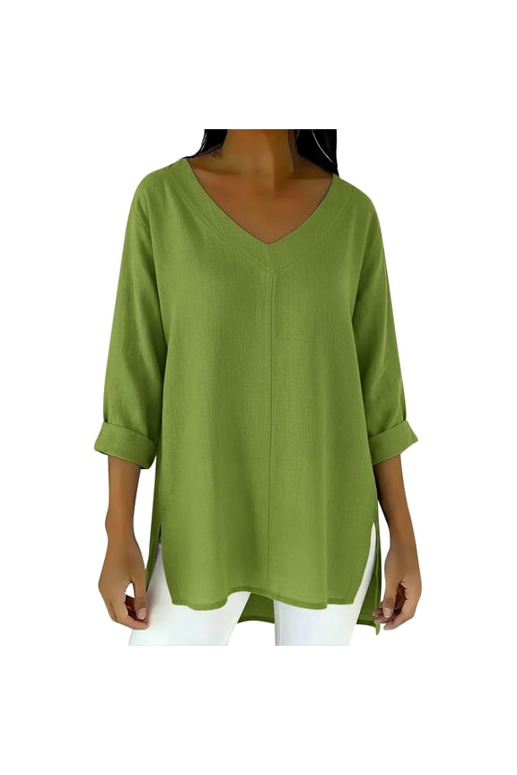 Women's Cotton and Linen Casual V Neck Front Short Back Long Loose Long Sleeved Top