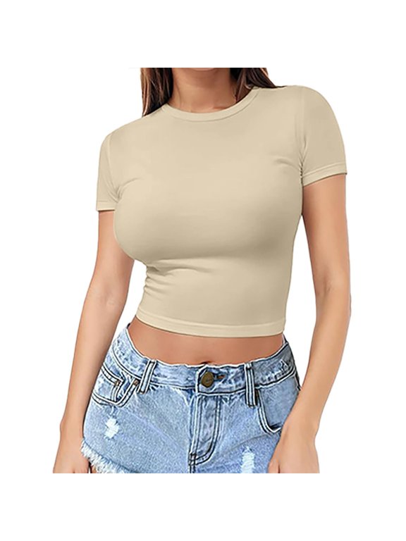 Women's Crop T Shirt Girls Pullover Top Women's Thin Round Neck Fashion Short Sleeves Summer Clothes Fall Fashion Essentials