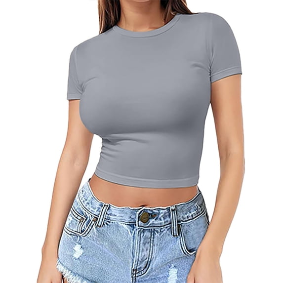 MEICHEN Women's Crop T Shirt Girls Pullover Top Women's Thin Round Neck Fashion Short Sleeves Summer Fall Fashion Essentials Clothing