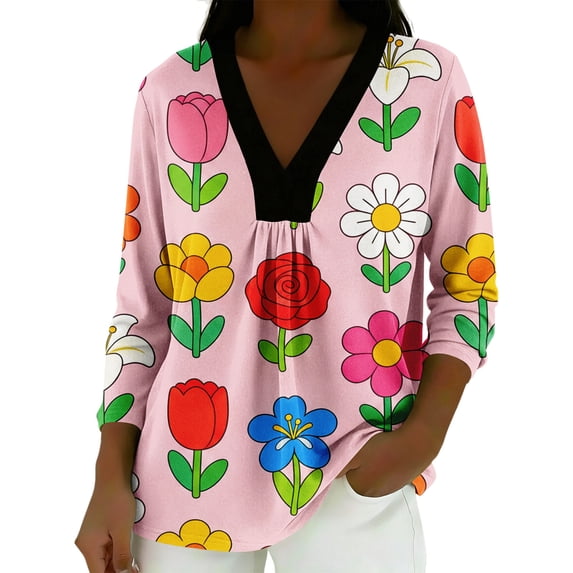 MEICHEN Women's Elegant Retro Art Print V Neck Loose Mid Length Sleeve Top Summer T Shirts for Women