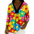 thumbnail image 1 of MEICHEN Women's Elegant Retro Art Print V Neck Loose Mid Length Sleeve Top Summer T Shirts for Women, 1 of 5