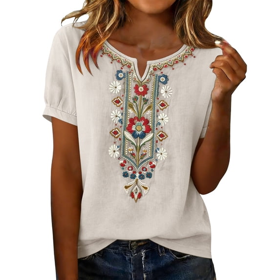 MEICHEN Women's Fashionable Casual Embroidered Tops Short Sleeve T Shirts Summer Trendy Clothing for Women