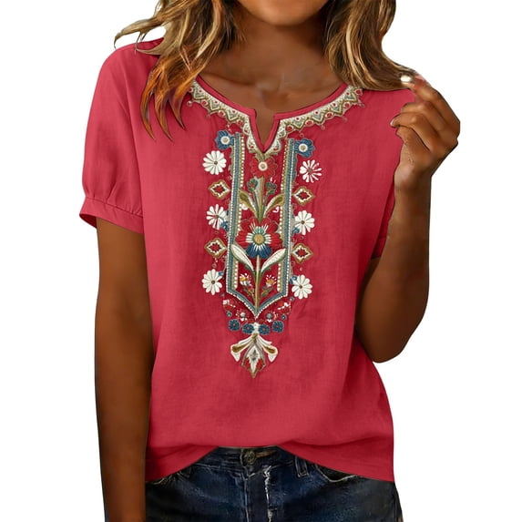 MEICHEN Women's Fashionable Casual Embroidered Tops Short Sleeve T Shirts Summer Trendy Clothing for Women
