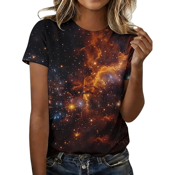 MEICHEN Women's Galactic T Shirt 3D Starry Print Short Sleeve Crewneck Fashion Planetary Outfit for Clothing