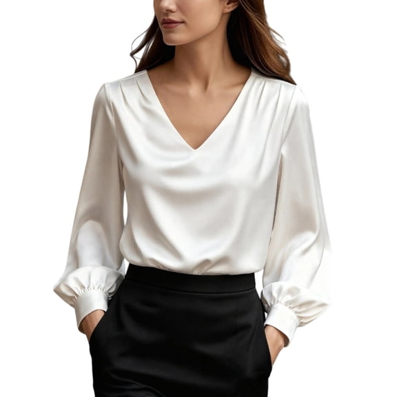 MEICHEN Women's Long Sleeve Shirts French Style Women Romantic Satin Blouses Elegant Puff Sleeve Shirts Solid Color Deep V Neck Tops Tops for Women Trendy