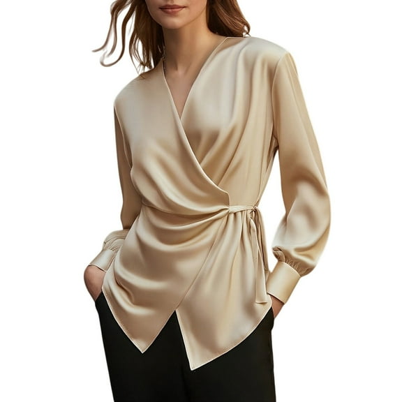 MEICHEN Women's Long Sleeve Shirts Graceful Satin V Neck Button Down Shirts Fashion Long Sleeve Blouses Tops with Side Wiastband Tops for Women Trendy