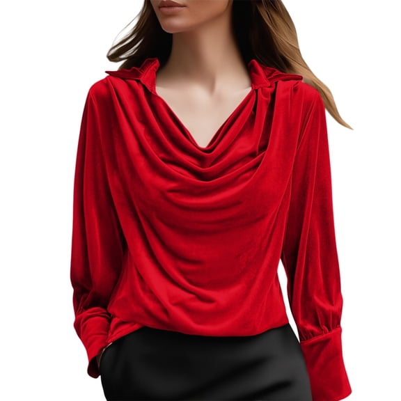 MEICHEN Women's Long Sleeve Shirts Personalized Elegant Retro Cowl Neck Solid Velvet Shirt‌ Long Sleeve V Neck Ruched Blouse Top Tops for Women Trendy