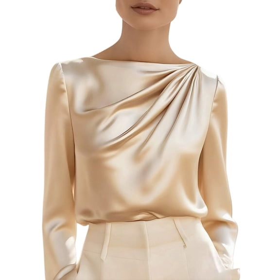 MEICHEN Women's Long Sleeve Shirts Solid Color Elegant Blouse Top for Party Diagonal Collar Long Sleeved Satin Shirt Blouses for Women