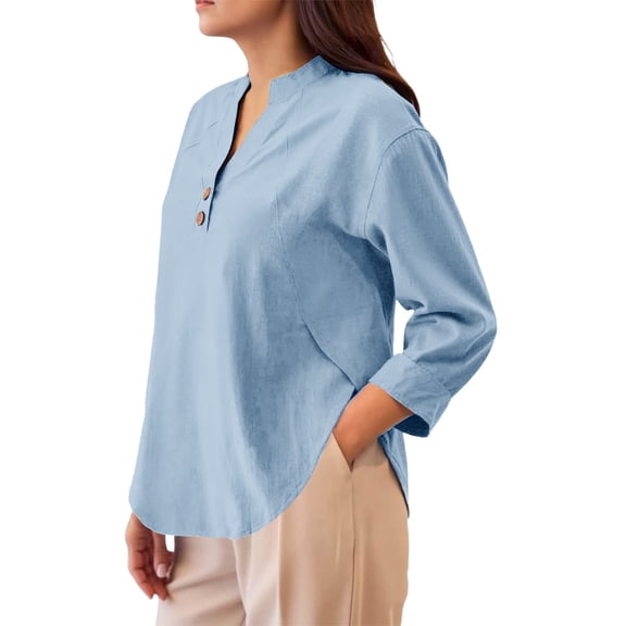 MEICHEN Women's Long Sleeve Shirts Summer Tops for Women Trendy 3/4 Length Sleeve Cotton Linen Shirt Casual Henley Neck Blouses Tops Blouses for Women