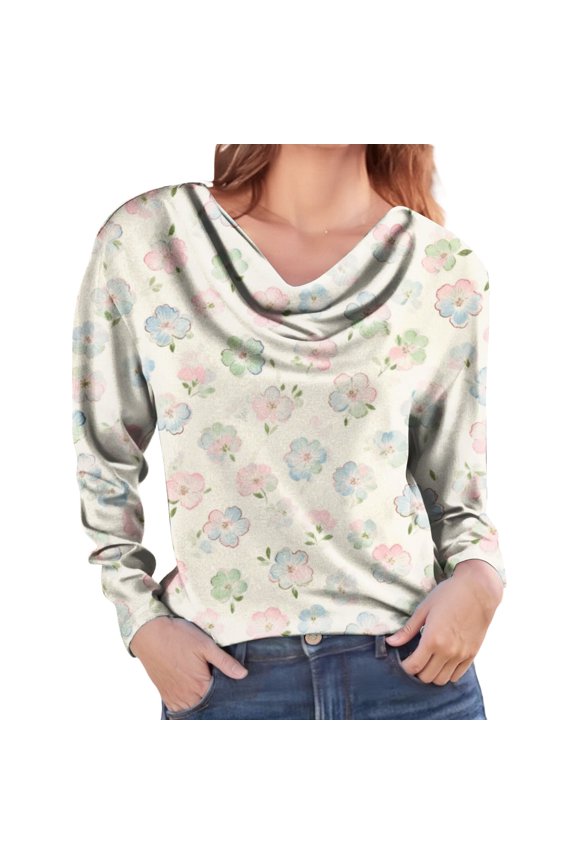 Women's Long Sleeved Fashion Printed Tops Piled Collar T Shirt Women's Shirt Summer Trendy Clothing for Women