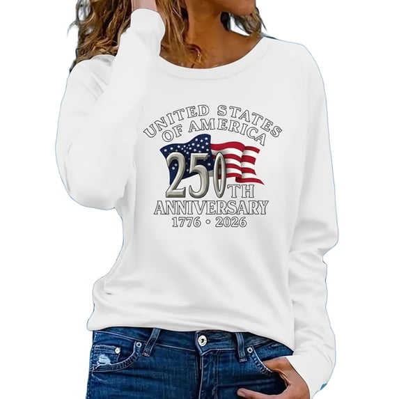 MEICHEN Women's Long Sleeved T Shirt American Flag 250th Anniversary Sweathirt Graphic Tee Round Neck Daily Casual Top