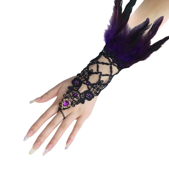 MEICHEN Women's Mardi Gras Dress Up Clothing Accessories Hollow Rhinestone Feather Ornament Fingerless Gloves