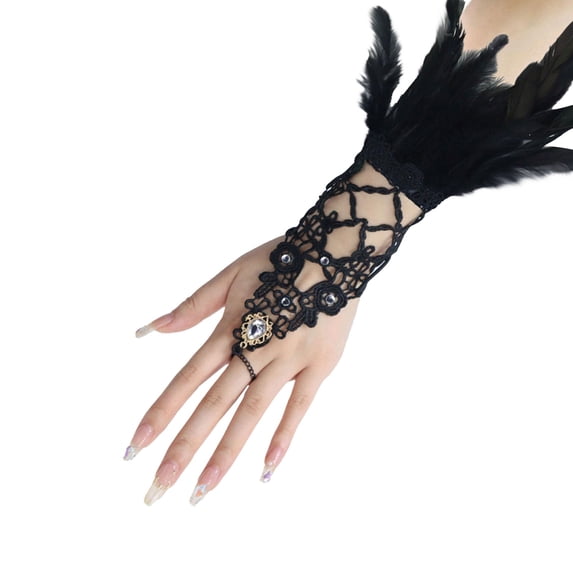 MEICHEN Women's Mardi Gras Dress Up Clothing Accessories Hollow Rhinestone Feather Ornament Fingerless Gloves