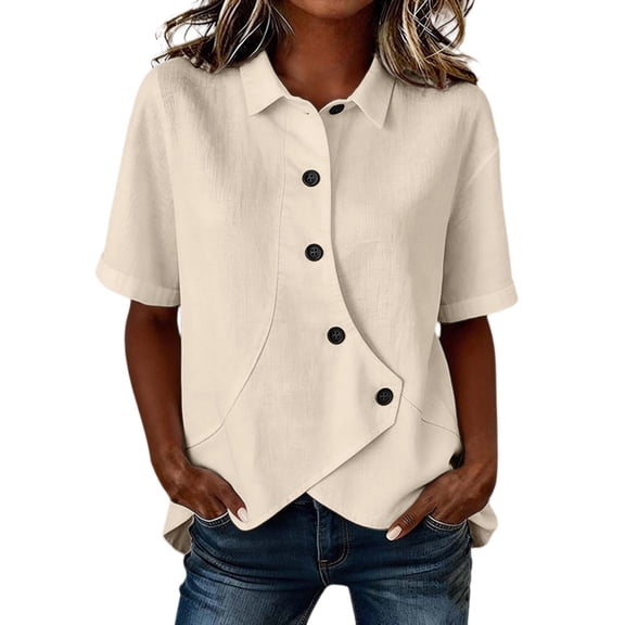 MEICHEN Women's Plain Irregular Shirt Casual Fashion Button Up Blouse Short Sleeve Shirt Summer Essentials Tops for Women