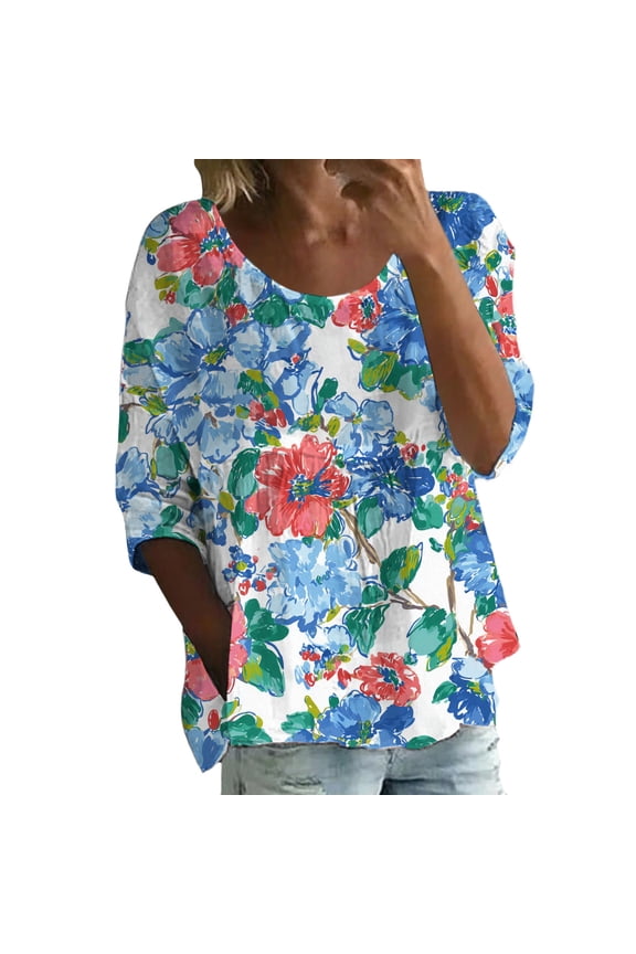 Women's Print T Shirt Half Sleeved Round Neck Shirt 3/4 Sleeved T Shirt Loose Large Size T Shirt