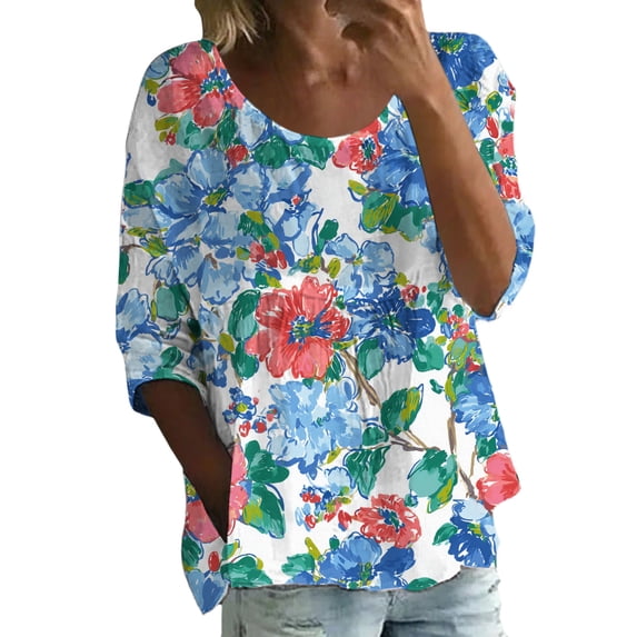 MEICHEN Women's Print T Shirt Half Sleeved Round Neck Shirt 3/4 Sleeved T Shirt Loose Large Size T Shirt