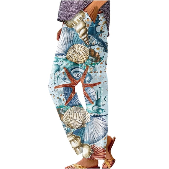 MEICHEN Women's Retro Printed Loose Pocket Patchwork Casual Cotton and Linen Pants Summer Casual Pants for Women