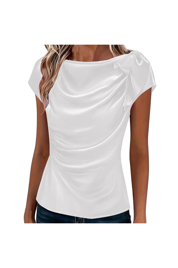 Women's Satin Ruched Bow Tie Tops Elegant Draped Front Cap Sleeve Evening Blouses