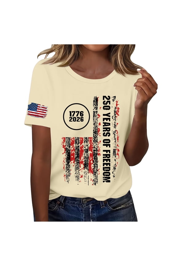 Women’s Short Sleeve 4th of July Freedom Top Cotton 250th Anniversary Usa T Shirt Short Sleeve American Flag Retro Graphic Tee