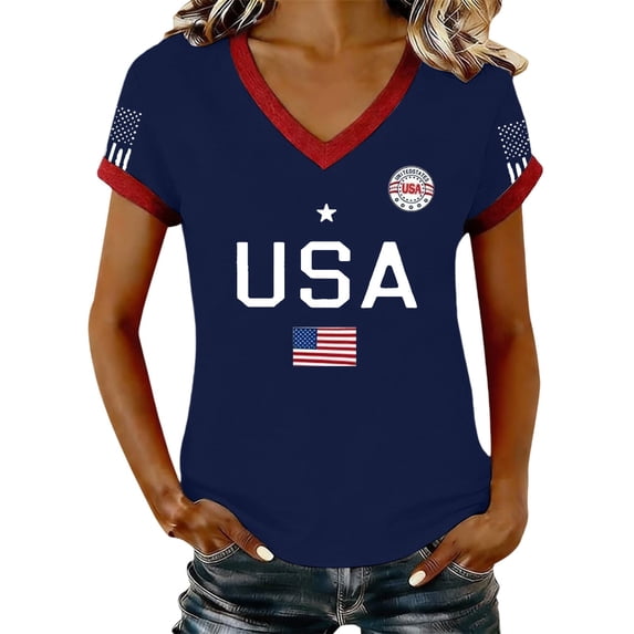 MEICHEN Women's Short Sleeve Patriotic Graphic Tee Us 250th Anniversary Print V Neck T Shirt Summer Casual Top Blouse