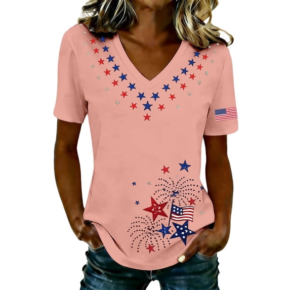 MEICHEN Women's Short Sleeve Usa 250th Anniversary Patriotic Graphic Tee Fashion Print V Neck T Shirt Blouse 4th of July Patriotic Top