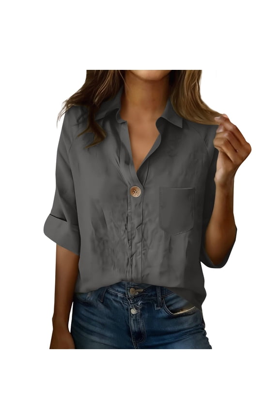 Women's Solid Color Cotton Linen Long Sleeved T Shirt Casual Pocket Tee Comfortable Turn Down Collar Blouse Top for Women