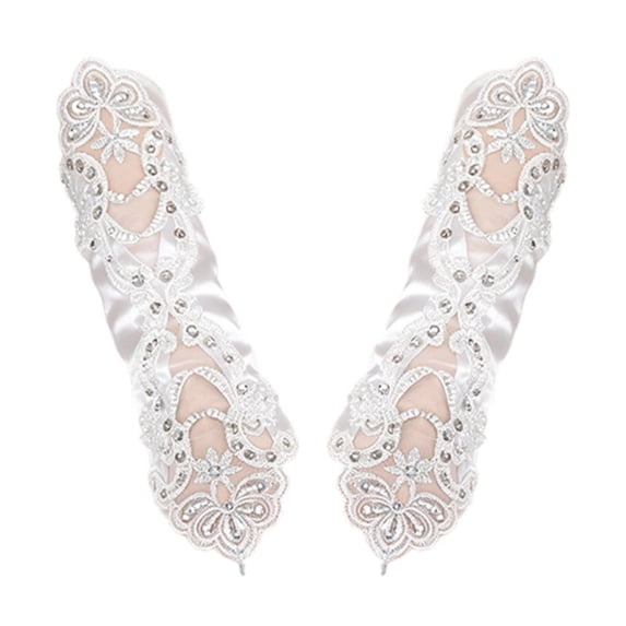 MEICHEN Women's Solid Color Fingerless Gloves Elegant Lace Hollow Out Sequin Decor Gloves for Wedding Party