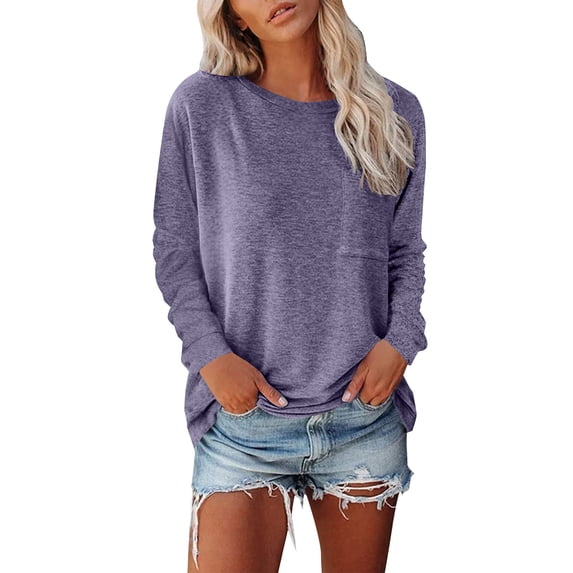 MEICHEN Women's Spring Round Neck Pocket Split Long Sleeve Casual Loose Top T Shirt Long Sleeve T Shirt