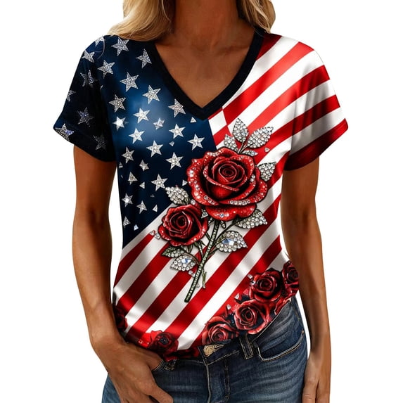 MEICHEN Women's V Neck Butterfly & Rose Print T Shirt Patriotic Glitter Graphic Casual Top