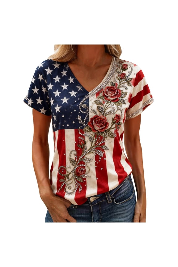 Women's V Neck Butterfly & Rose Print T Shirt Patriotic Glitter Graphic Casual Top