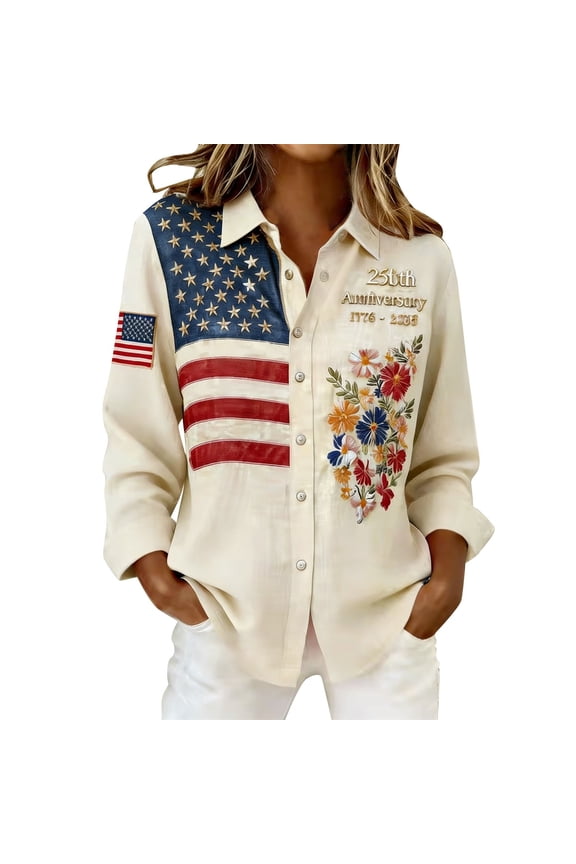 Women's Vintage America Flag Printed Casual Shacket Top Fashion 250th Anniversary USA Shirts Patriotic Blouse